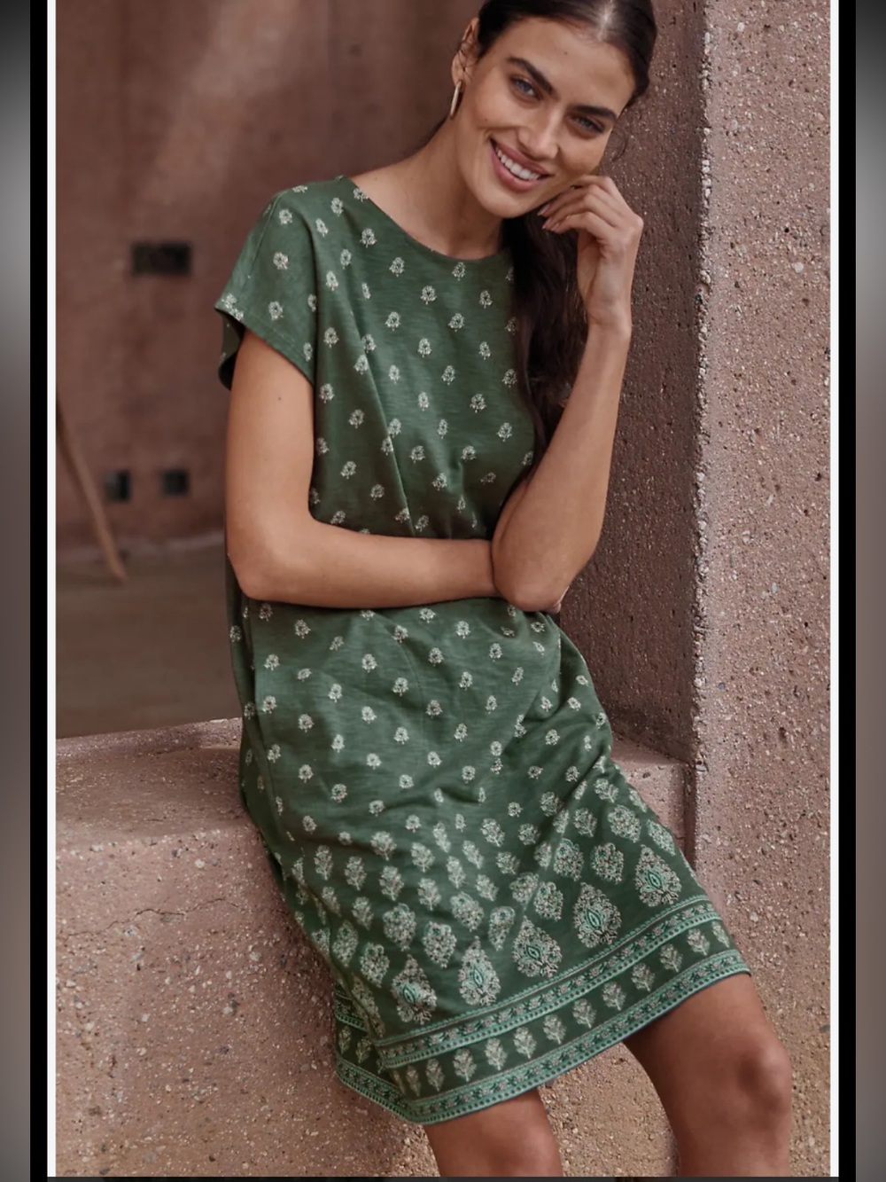 New J Jill Mp Women's Green paisley slub knit Printed Short Sleeve Dress